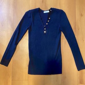 Sandro Paris long sleeve ribbed navy shirt with gold button detail